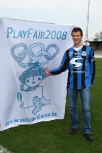 Football player Steven Depetter, of FCV Dender; during the recent football  match between Dender and Ghent, both teams wore shirts in support Play Fair 2008.